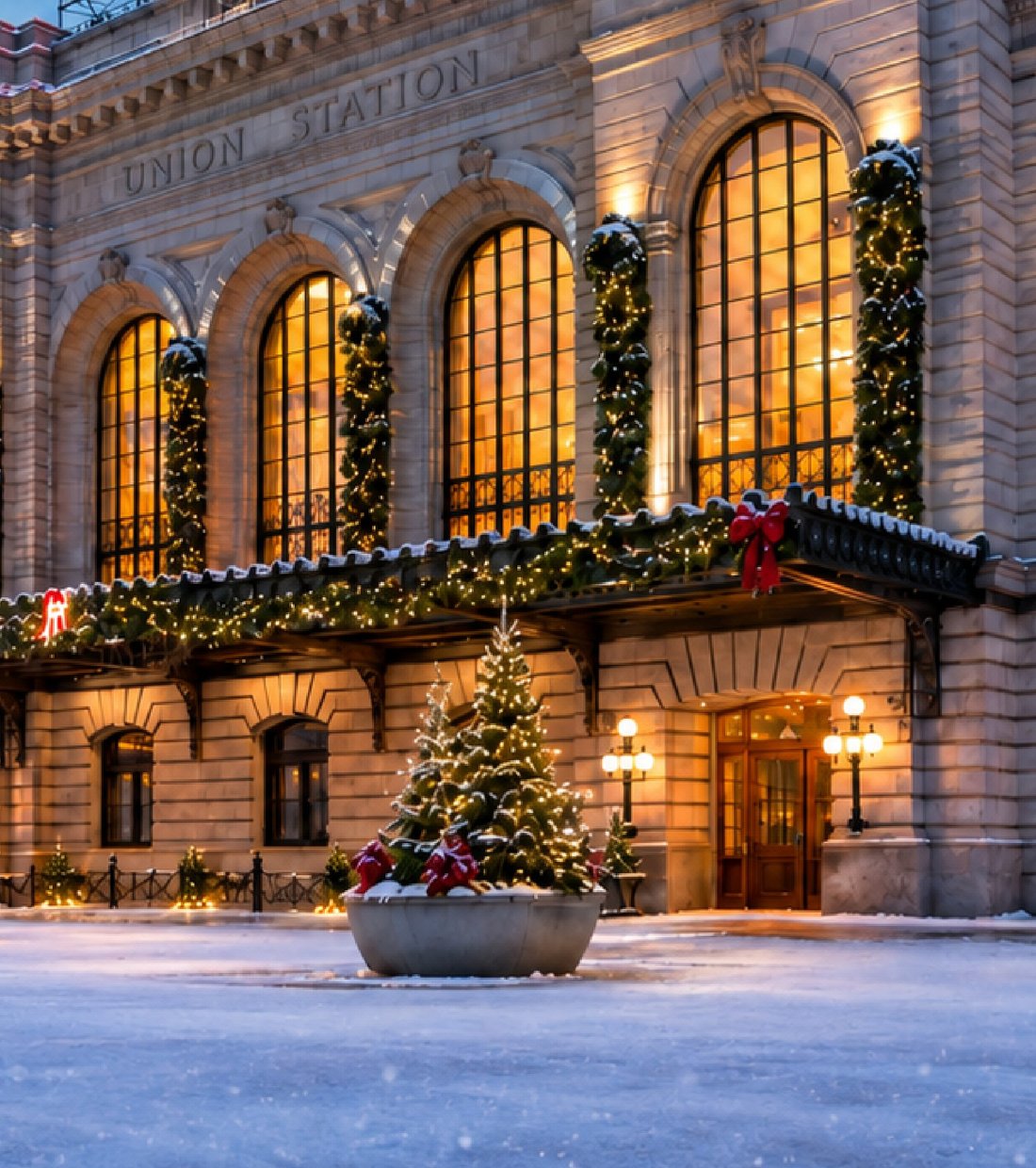 Denver Union Station lit and garlanded for the holidays