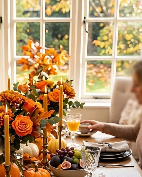 An autumn table with orange flowers, candles and small pumpkins