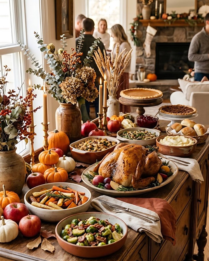 A Thanksgiving buffet with roast turkey, stuffing, sides and pies set out on a sideboard