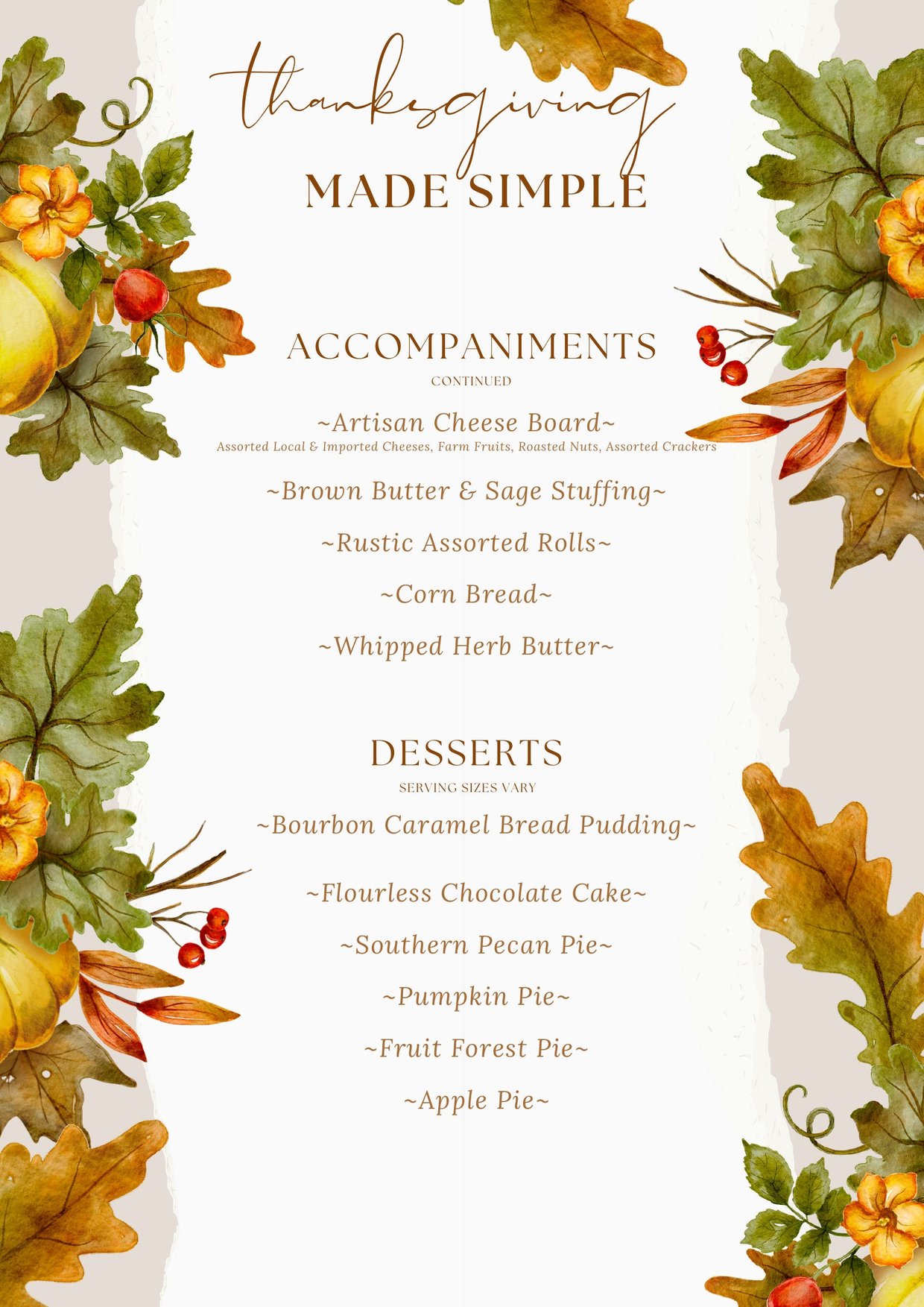 2026 Thanksgiving menu, page 2